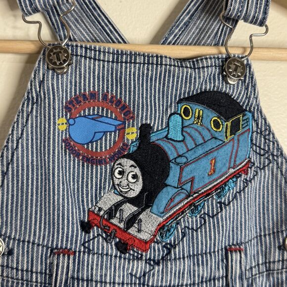 Thomas & Friends Overalls Infant Boys 12M Blue Hickory Stripe Denim Bib Snap Leg - Picture 5 of 9